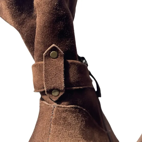 Johnston and Murphy Keaton Brown Suede Leather Fringe Cuff Heeled Boots Size 8.5