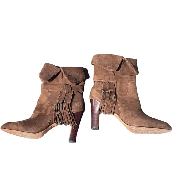 Johnston and Murphy Keaton Brown Suede Leather Fringe Cuff Heeled Boots Size 8.5