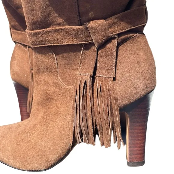 Johnston and Murphy Keaton Brown Suede Leather Fringe Cuff Heeled Boots Size 8.5