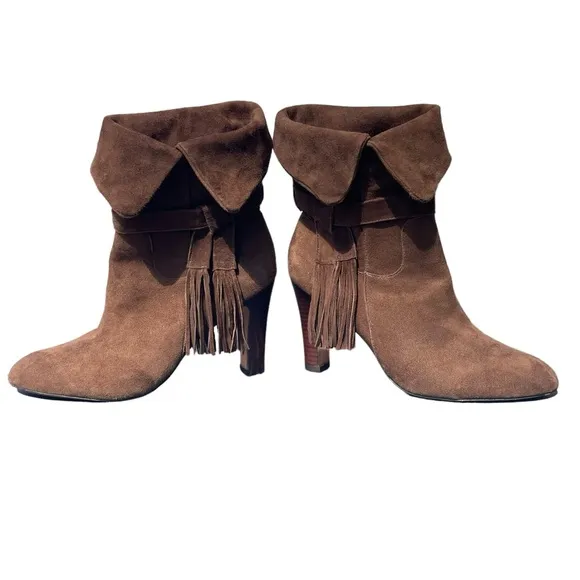 Johnston and Murphy Keaton Brown Suede Leather Fringe Cuff Heeled Boots Size 8.5
