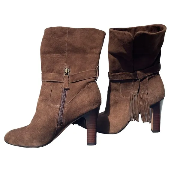 Johnston and Murphy Keaton Brown Suede Leather Fringe Cuff Heeled Boots Size 8.5