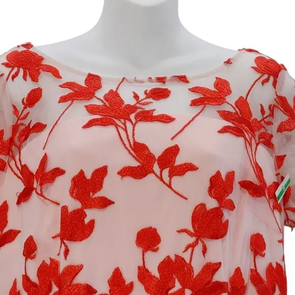 JS Collections Denise Column Tea Length Dress Floral Poppy Red Womens Size 10