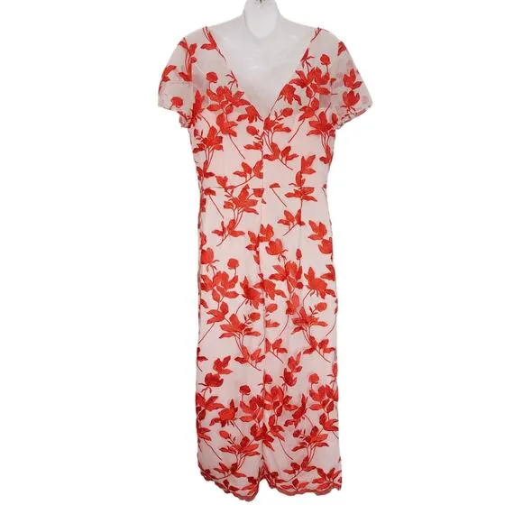 JS Collections Denise Column Tea Length Dress Floral Poppy Red Womens Size 10
