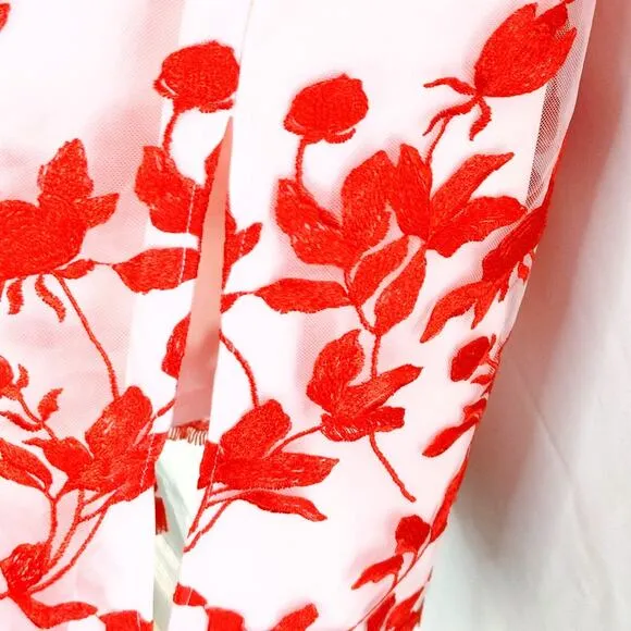 JS Collections Denise Column Tea Length Dress Floral Poppy Red Womens Size 10
