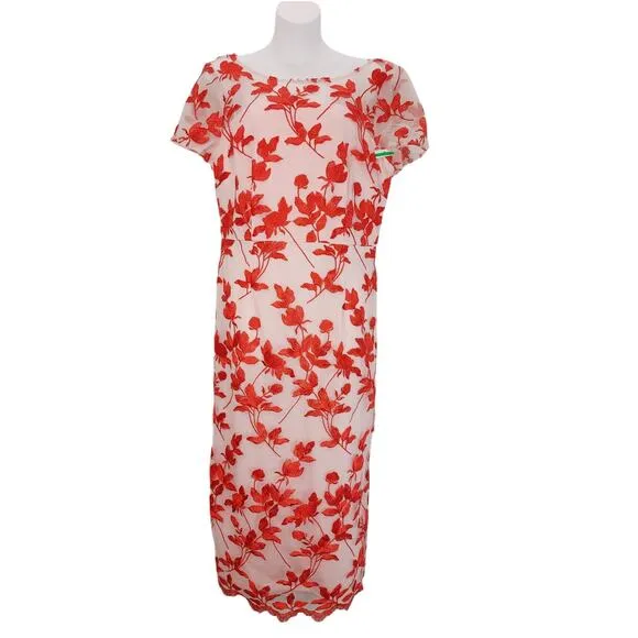 JS Collections Denise Column Tea Length Dress Floral Poppy Red Womens Size 10