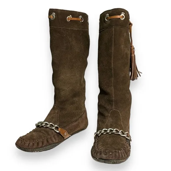 JUICY COUTURE Tall Suede Moccasins Chain &amp; Tassel Detail