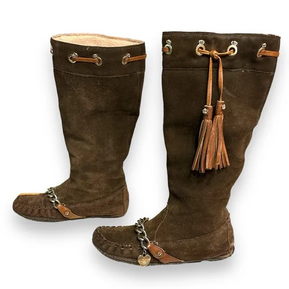 JUICY COUTURE Tall Suede Moccasins Chain &amp; Tassel Detail