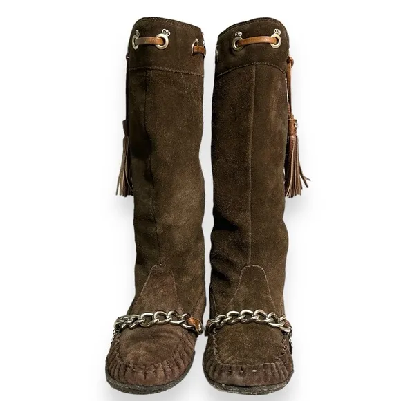 JUICY COUTURE Tall Suede Moccasins Chain &amp; Tassel Detail
