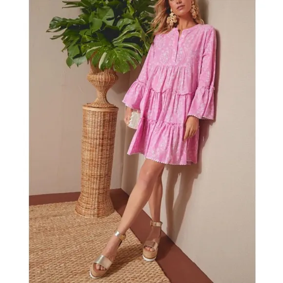 JULIET DUNN Exclusive Orchid Small Flower Lurex Flared Sleeve Dress