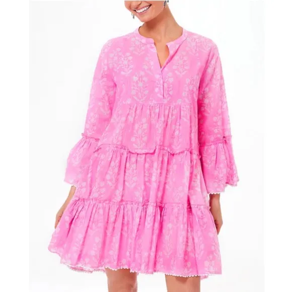 JULIET DUNN Exclusive Orchid Small Flower Lurex Flared Sleeve Dress