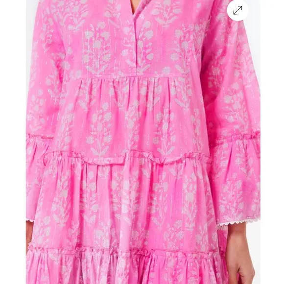 JULIET DUNN Exclusive Orchid Small Flower Lurex Flared Sleeve Dress