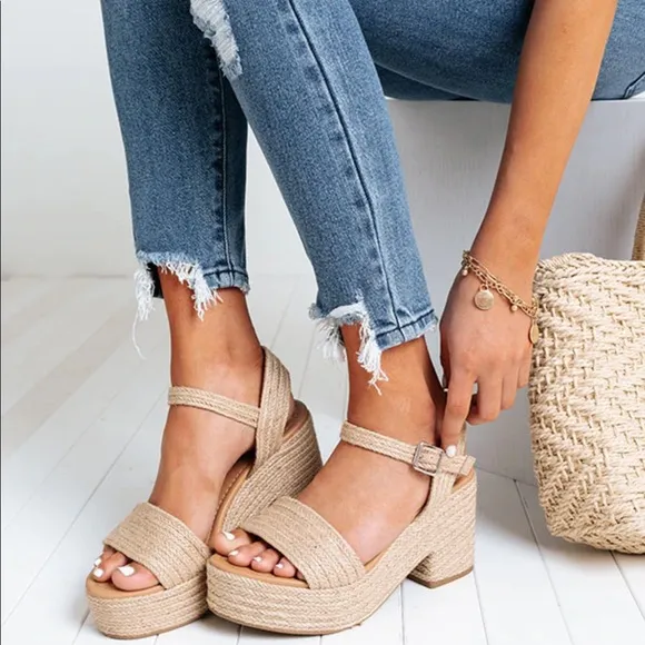Jute Ankle Strap Platform Block Heel Sandal