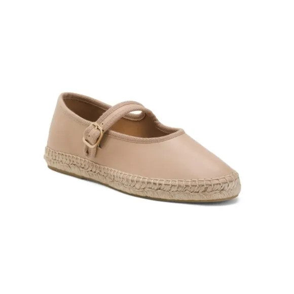 JUTELIA Nude Made In Spain Leather Mary Jane Espadrille Flats