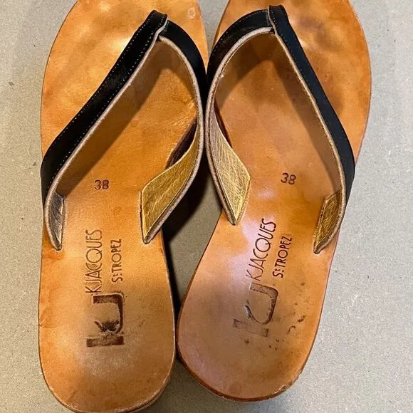 K. Jacques St. Tropez Size 7 Black Leather Cork Heel Wedges Sandals