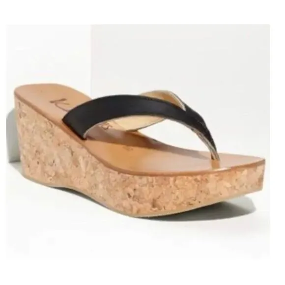 K. Jacques St. Tropez Size 7 Black Leather Cork Heel Wedges Sandals
