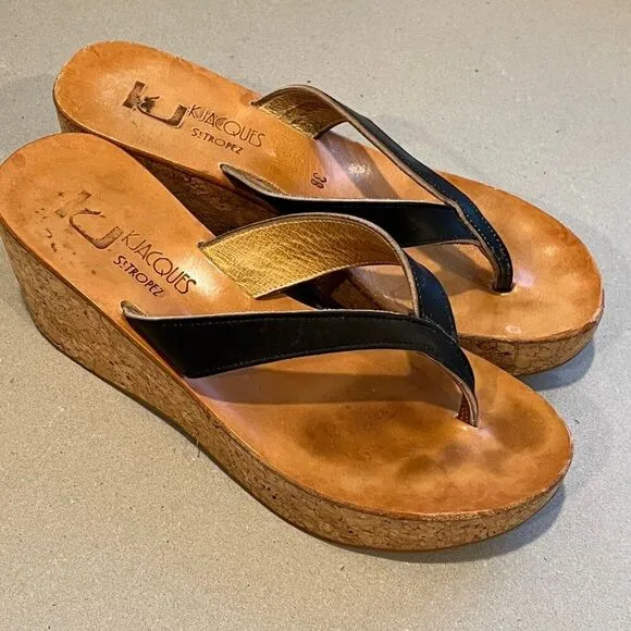 K. Jacques St. Tropez Size 7 Black Leather Cork Heel Wedges Sandals