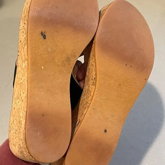 K. Jacques St. Tropez Size 7 Black Leather Cork Heel Wedges Sandals