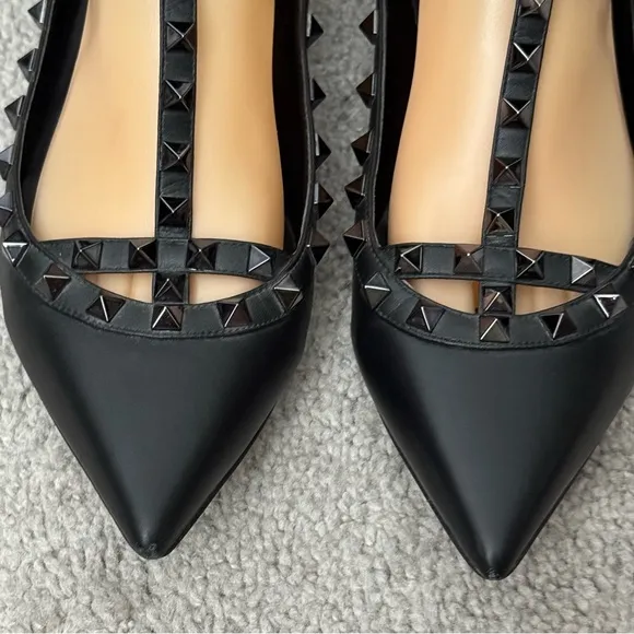 Kaitlyn Pan Black Leather Rock Studded Pointy Flats Size 8.5