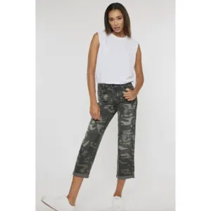 Kancan Benji Camo High Rise Distressed Boyfriend Jeans in Olive - Sz 1/24  - NWT