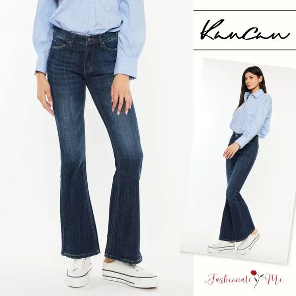 KanCan Petite Mid Rise Clean Basic Non Distressed Dark Wash Flare Jeans