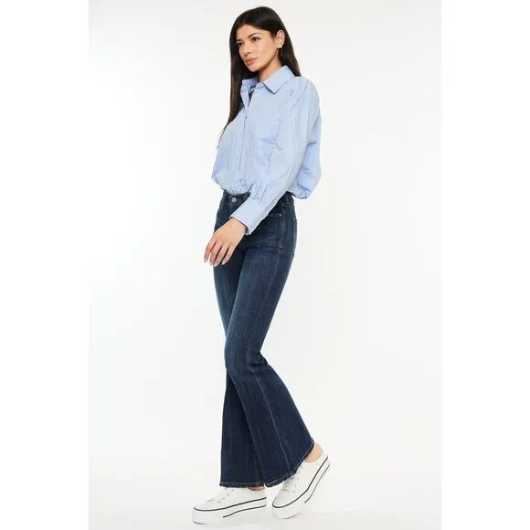 KanCan Petite Mid Rise Clean Basic Non Distressed Dark Wash Flare Jeans