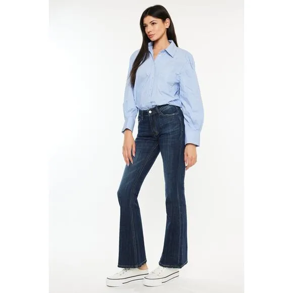 KanCan Petite Mid Rise Clean Basic Non Distressed Dark Wash Flare Jeans