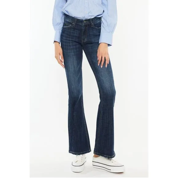 KanCan Petite Mid Rise Clean Basic Non Distressed Dark Wash Flare Jeans