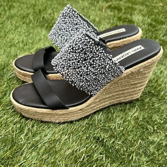Karl Lagerfeld Celia Cutout Espadrille Wedges Beaded Strap Slip On Heels sz 9.5