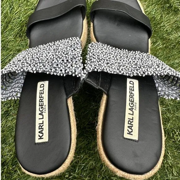 Karl Lagerfeld Celia Cutout Espadrille Wedges Beaded Strap Slip On Heels sz 9.5