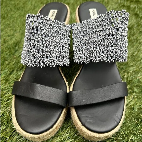 Karl Lagerfeld Celia Cutout Espadrille Wedges Beaded Strap Slip On Heels sz 9.5