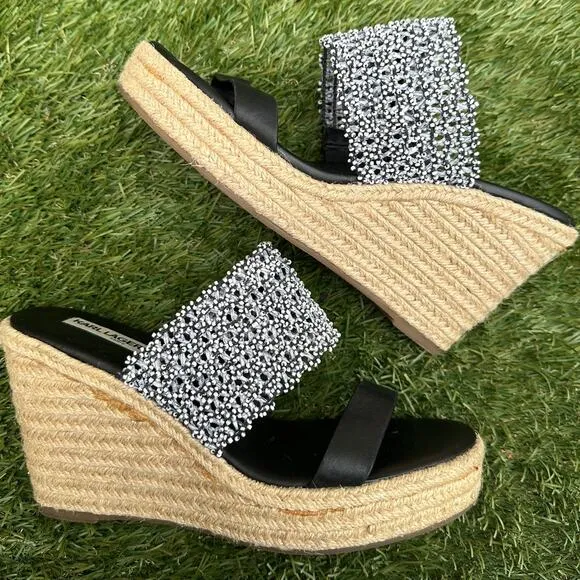 Karl Lagerfeld Celia Cutout Espadrille Wedges Beaded Strap Slip On Heels sz 9.5