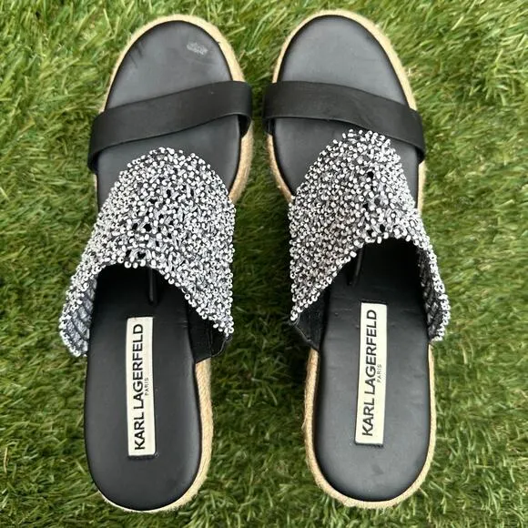 Karl Lagerfeld Celia Cutout Espadrille Wedges Beaded Strap Slip On Heels sz 9.5