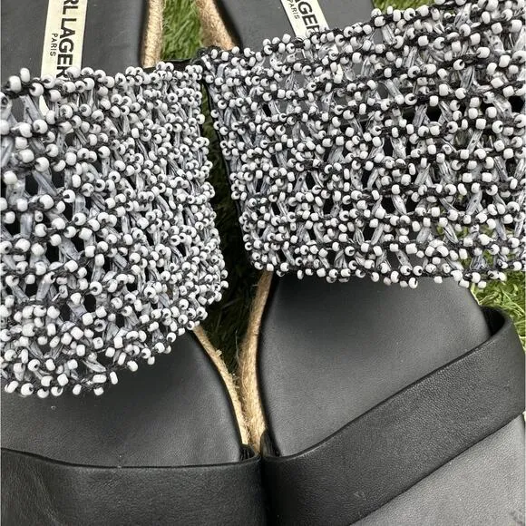 Karl Lagerfeld Celia Cutout Espadrille Wedges Beaded Strap Slip On Heels sz 9.5