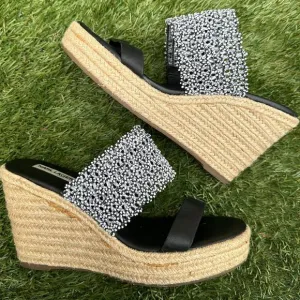 Karl Lagerfeld Celia Cutout Espadrille Wedges Beaded Strap Slip On Heels sz 9.5