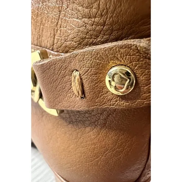 Kate Spade 3.5&quot; heeled tall leather‎ pull on boots w/ gold chain. Cognac brown.