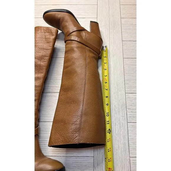 Kate Spade 3.5&quot; heeled tall leather‎ pull on boots w/ gold chain. Cognac brown.
