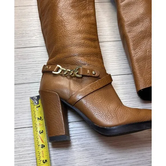 Kate Spade 3.5&quot; heeled tall leather‎ pull on boots w/ gold chain. Cognac brown.