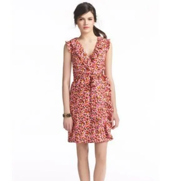 Kate Spade Aubrey Wrap Dress Silk Pink Size 00 Pink Brown Sleeveless V-neckline