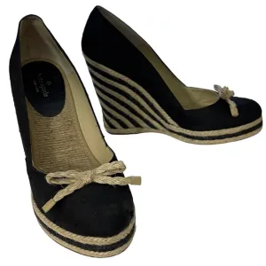 KATE SPADE BLACK DUPIONI SILK RAFFIA ESPADRILLE WEDGE SIZE 7.5