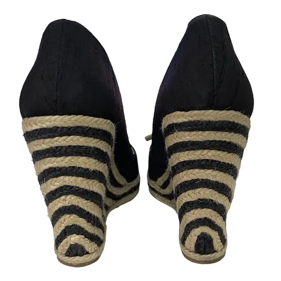 KATE SPADE BLACK DUPIONI SILK RAFFIA ESPADRILLE WEDGE SIZE 7.5