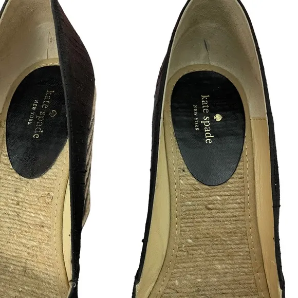 KATE SPADE BLACK DUPIONI SILK RAFFIA ESPADRILLE WEDGE SIZE 7.5