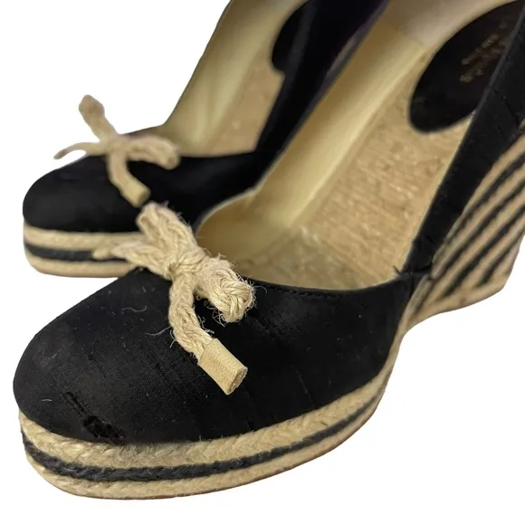 KATE SPADE BLACK DUPIONI SILK RAFFIA ESPADRILLE WEDGE SIZE 7.5