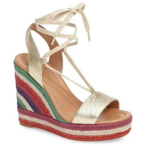 Kate Spade Daisy Wedges Rainbow Espadrille Heel lace up metallic gold size 10