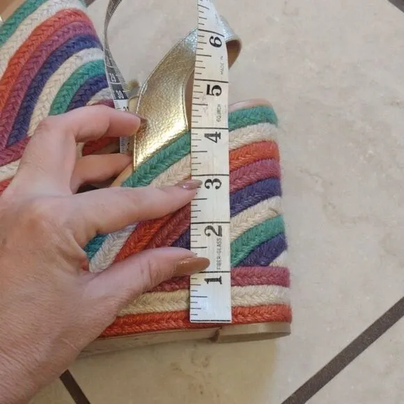 Kate Spade Daisy Wedges Rainbow Espadrille Heel lace up metallic gold size 10