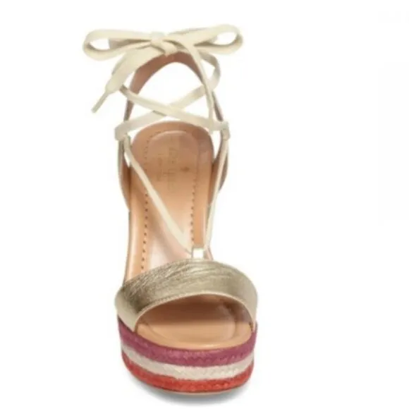 Kate Spade Daisy Wedges Rainbow Espadrille Heel lace up metallic gold size 10