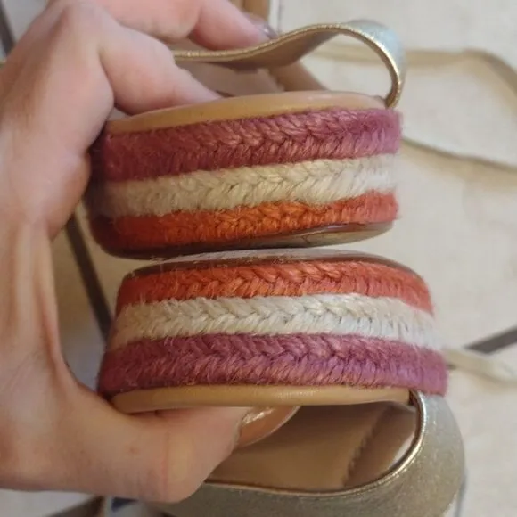 Kate Spade Daisy Wedges Rainbow Espadrille Heel lace up metallic gold size 10