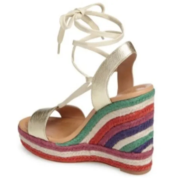 Kate Spade Daisy Wedges Rainbow Espadrille Heel lace up metallic gold size 10