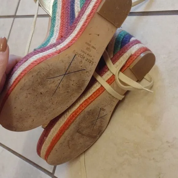 Kate Spade Daisy Wedges Rainbow Espadrille Heel lace up metallic gold size 10