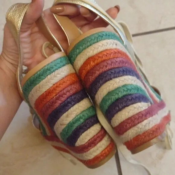Kate Spade Daisy Wedges Rainbow Espadrille Heel lace up metallic gold size 10