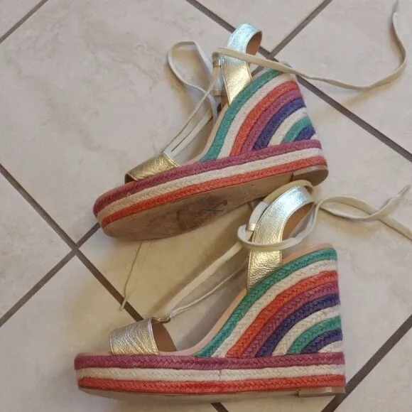 Kate Spade Daisy Wedges Rainbow Espadrille Heel lace up metallic gold size 10